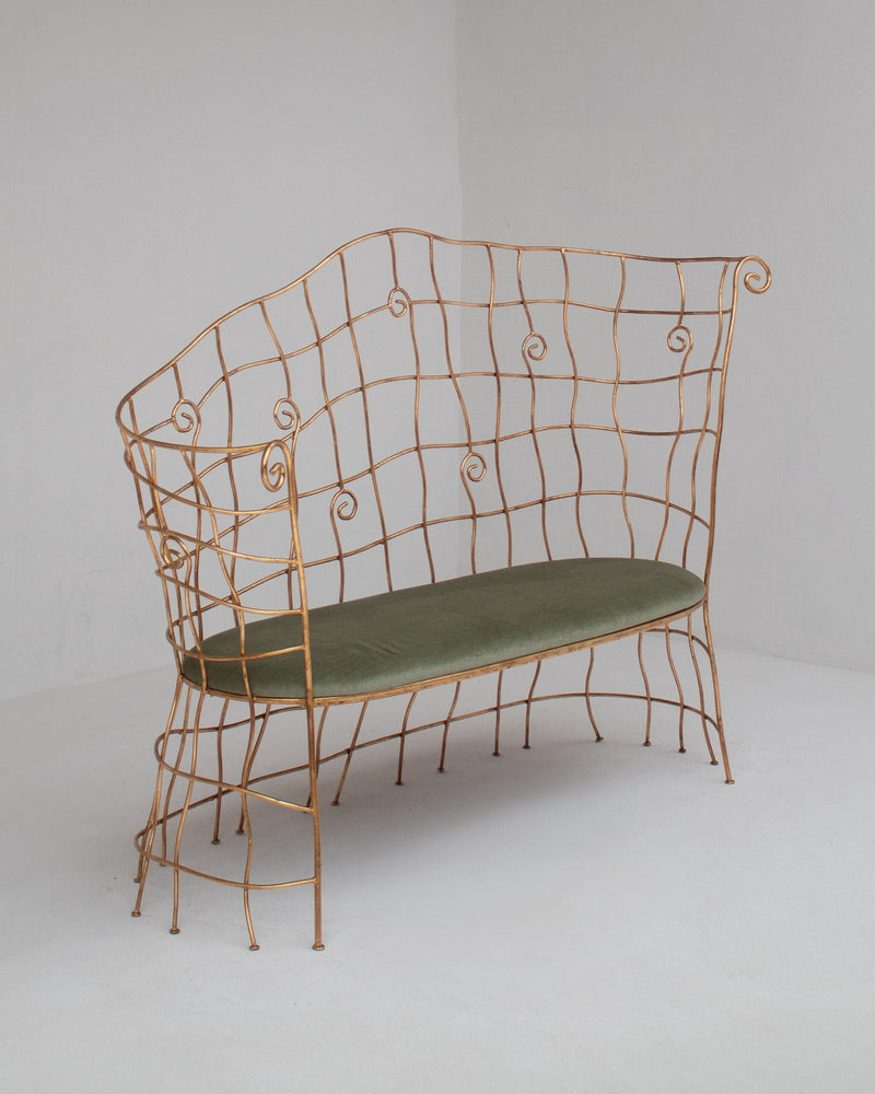 Sculptural Gilt Metal Bench with Green Upholstery — side angle