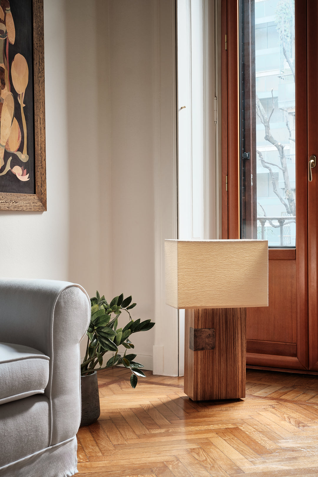 Pollux wooden table lamp in modern living room setting