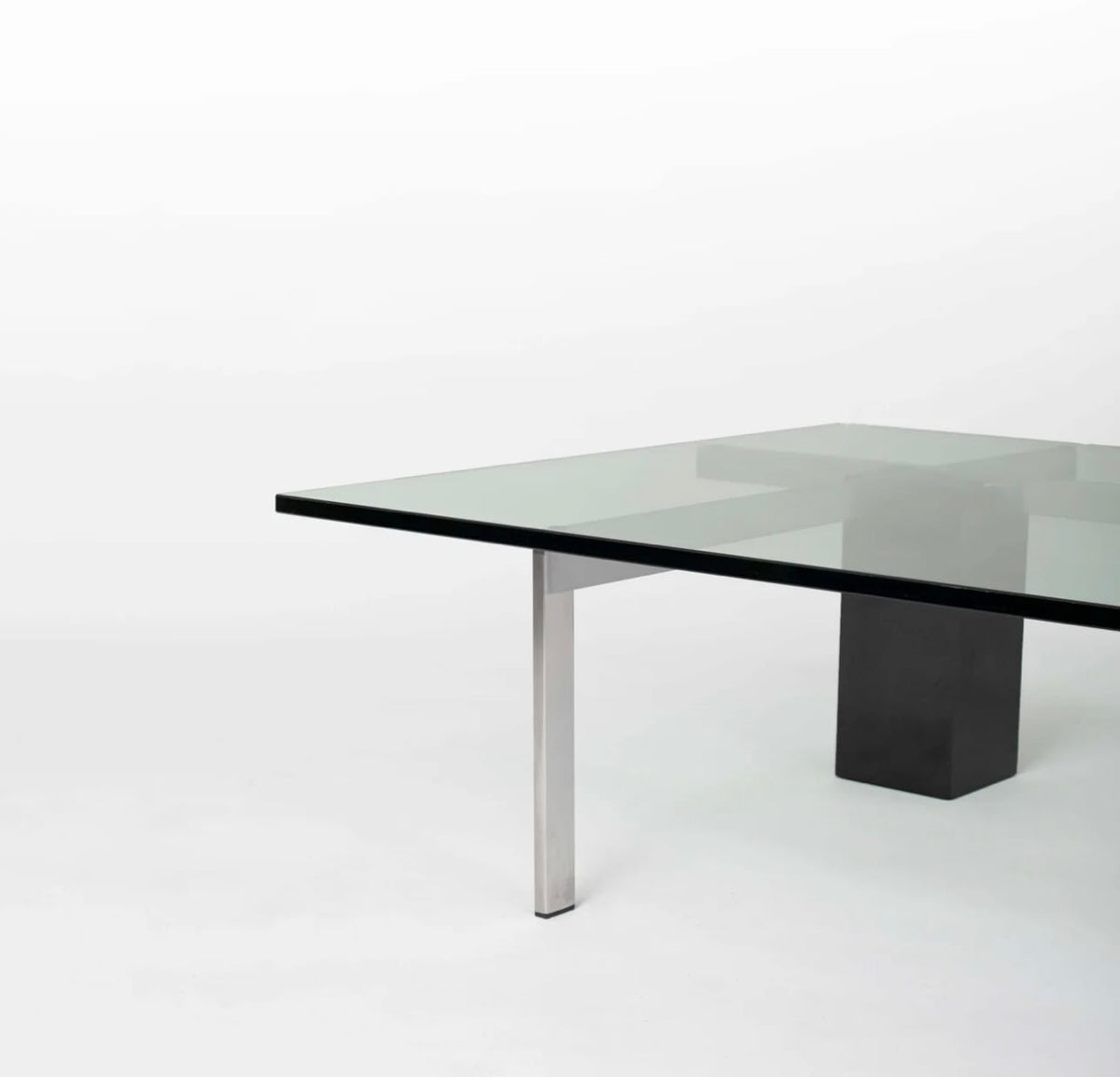 KW1 glass, metal and granite coffee table by Hank Kwint for Metaform 1980s — top view highlighting glass surface and metal le