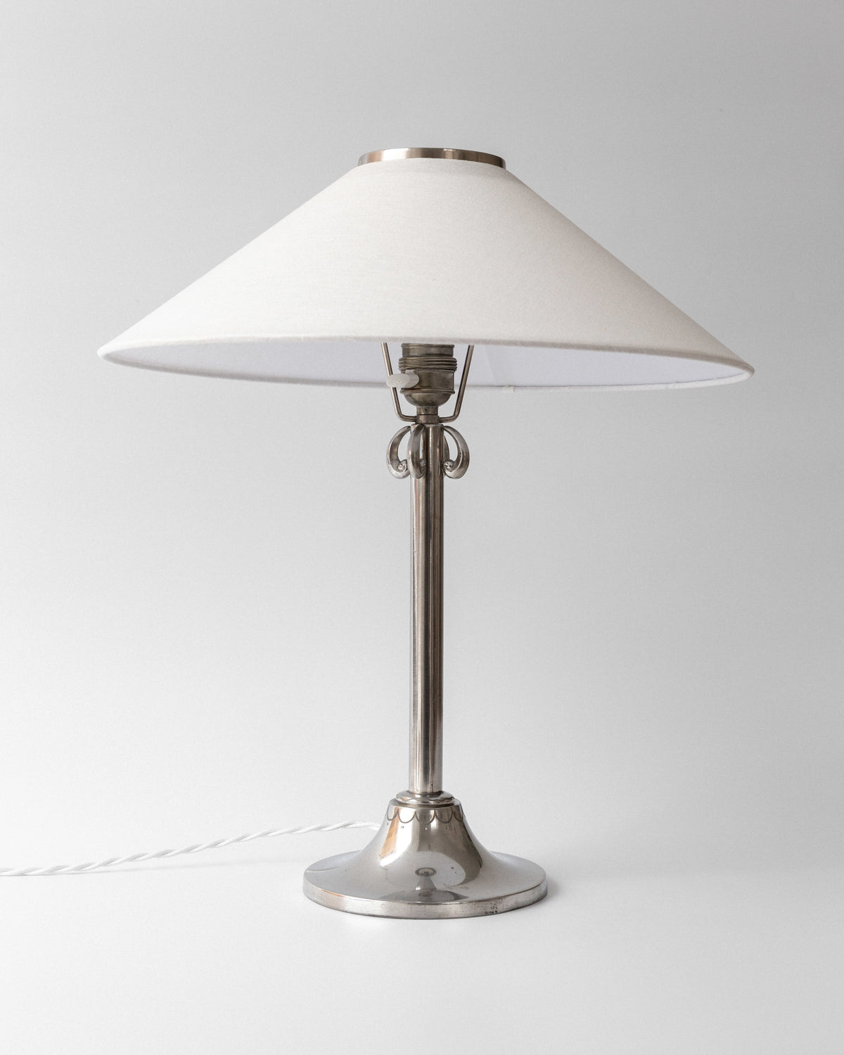 Art Deco Pewter Table Lamp by Celestine Andersson, 1930, Sweden — close-up of polished pewter base and fabric shade