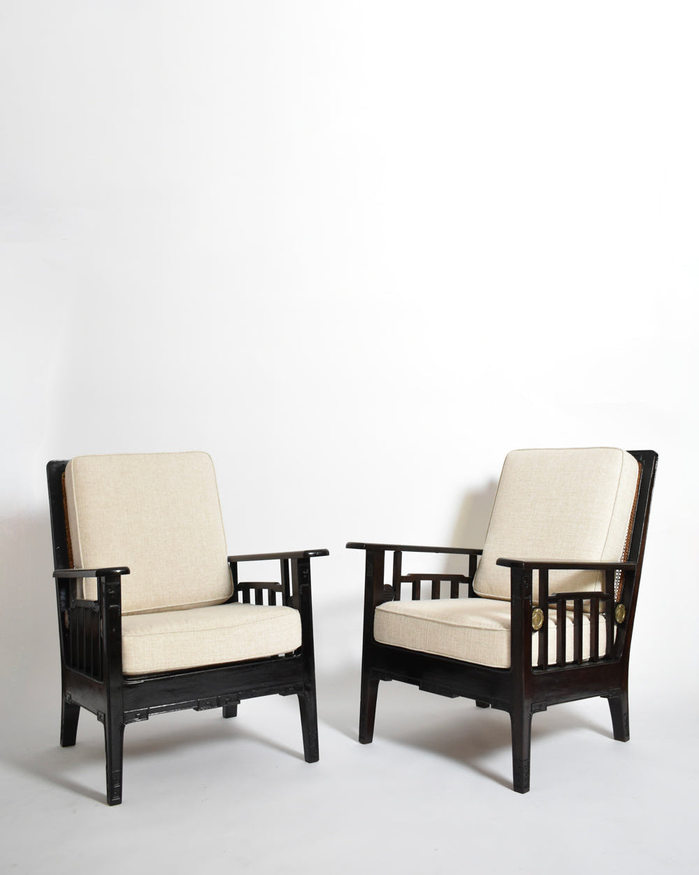 Pair of Colonial Ebonised Wood & Caning Armchairs, 1920s — detail view