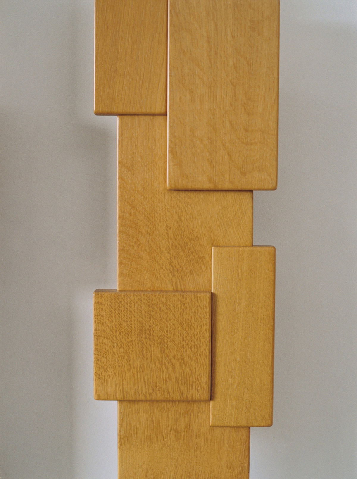 Vintage Set of Two French Oak Wood Sculptural Lamps Wall Lights C. 1980 — top view showing interlocking oak wood blocks