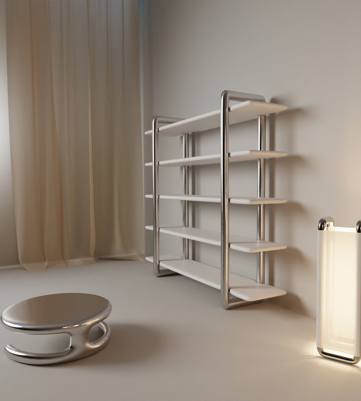 Modern stainless steel bookshelf with curved frame and white shelves