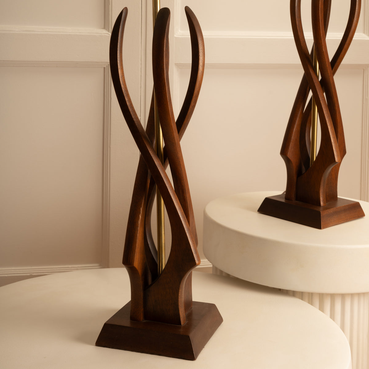Two sculptural wooden table lamps with curved branch-like arms, 1960s