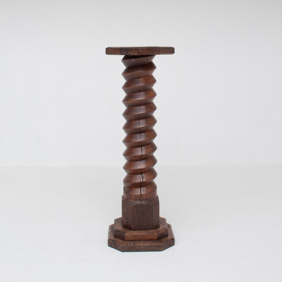 Brutalist Hand-Carved Wooden Pedestal in Solid Oak — detail view