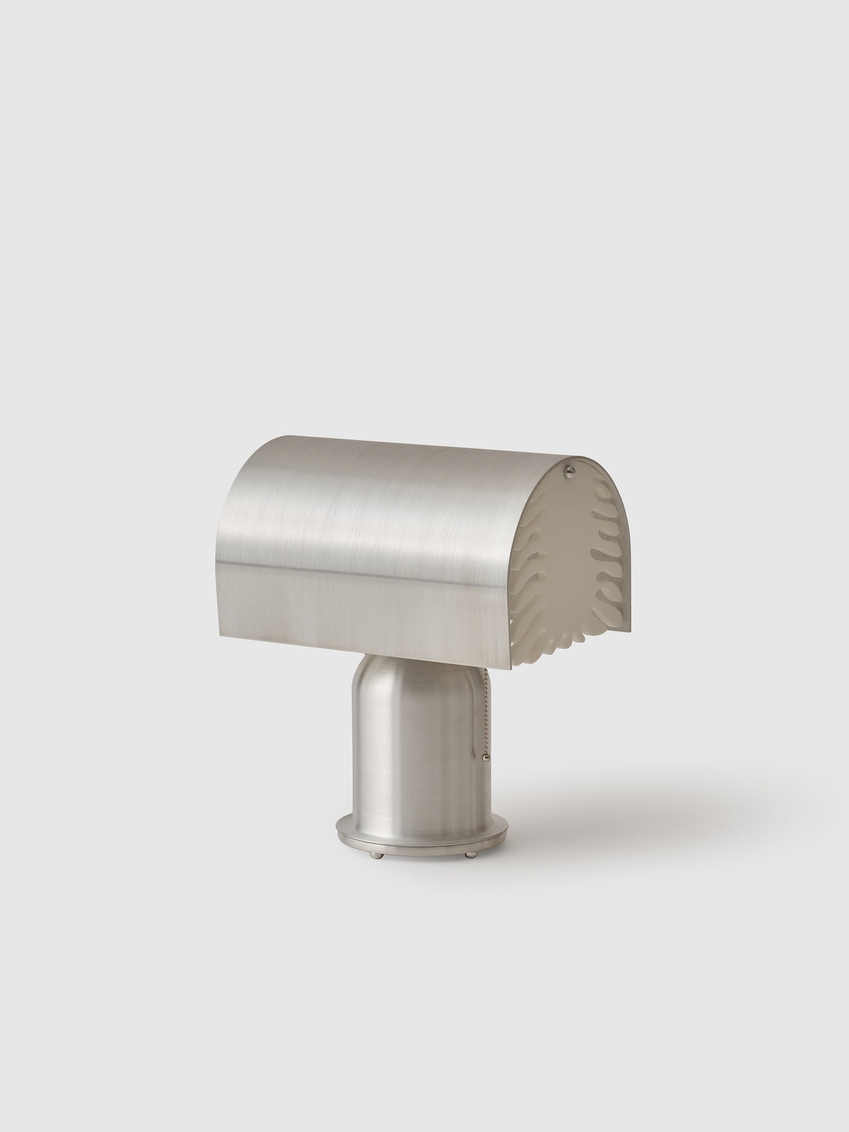 Brushed steel Bloom table lamp with cylindrical base and curved shade
