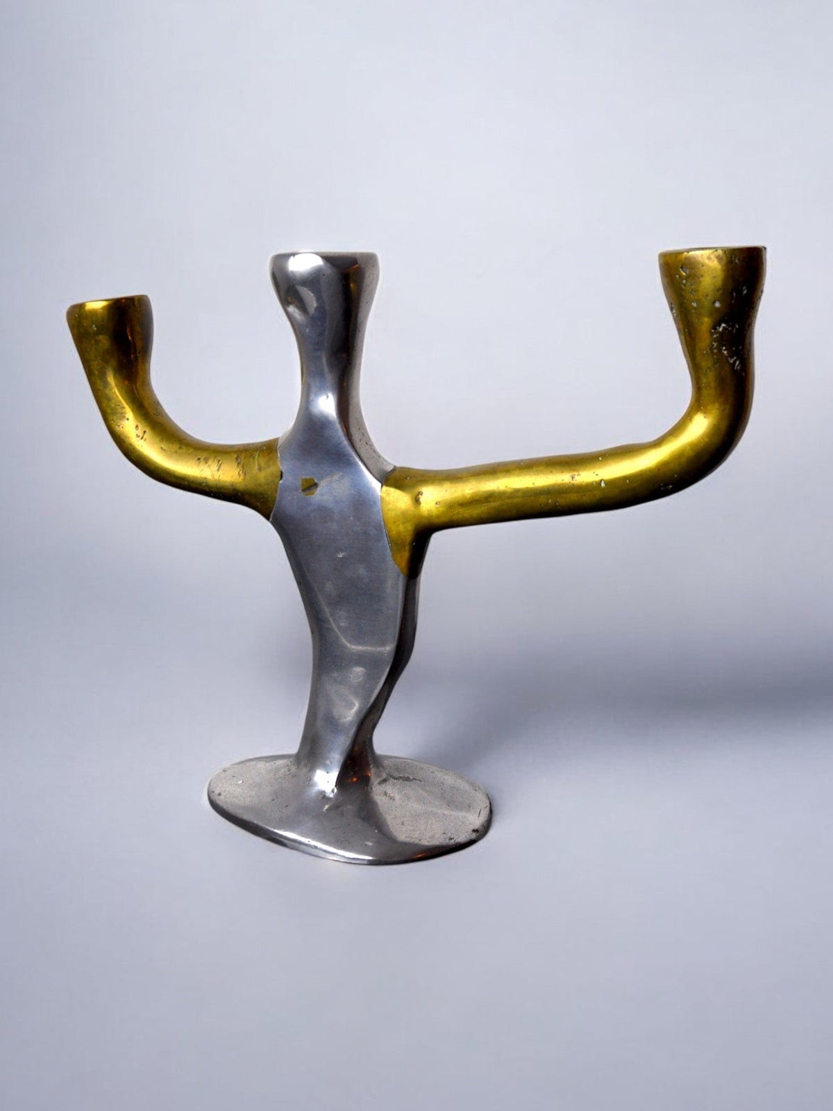Brutalist Candleholder 3 arms David Marshall, Spain, 1970 — angled view highlighting brass and silver finish