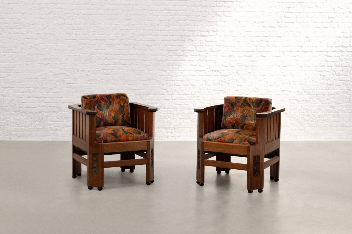 Pair of Amsterdam School Walnut Armchairs, Netherlands, c. 1930 — detail view