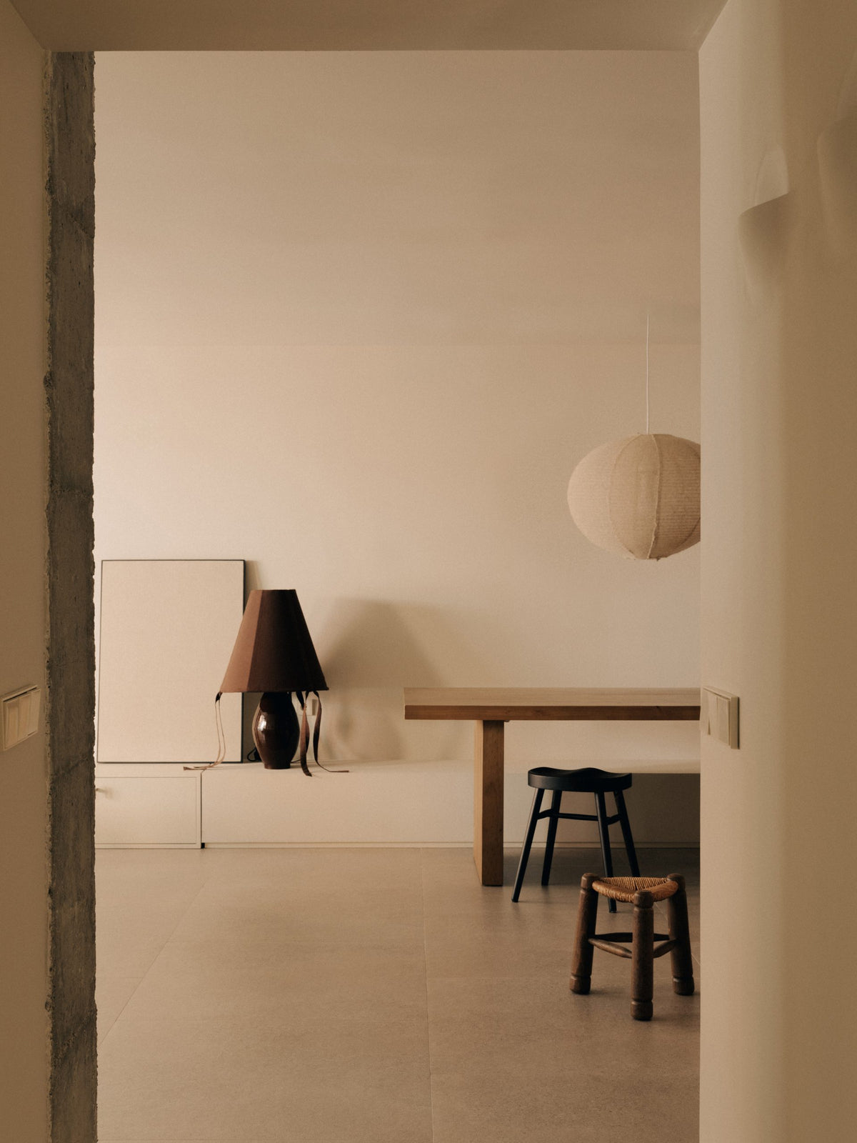 Brown ceramic table lamp in minimalist interior lifestyle setting