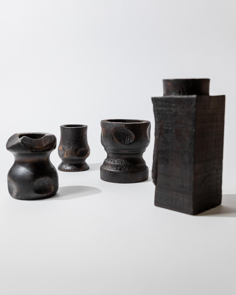 Vintage 1960s Hand Carved Wood Objects Set of 4, Black Wood Vases or Candle Holders, Brutalist Sculptural Design, Mid Century, Gift Idea — detail view