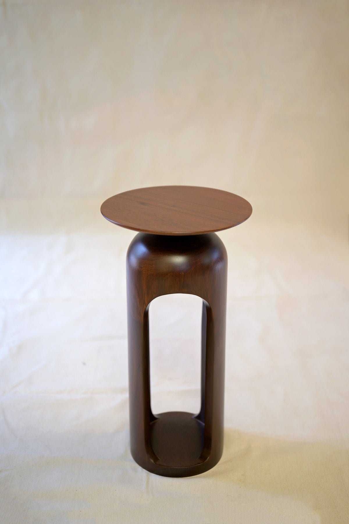 T Side Table walnut wood top with curved cylindrical base