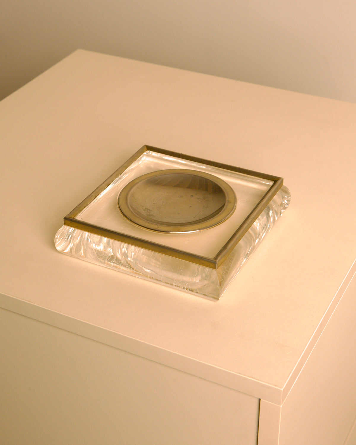 Italian square Plexiglas and metal catch-all tray, 1960s — side angle