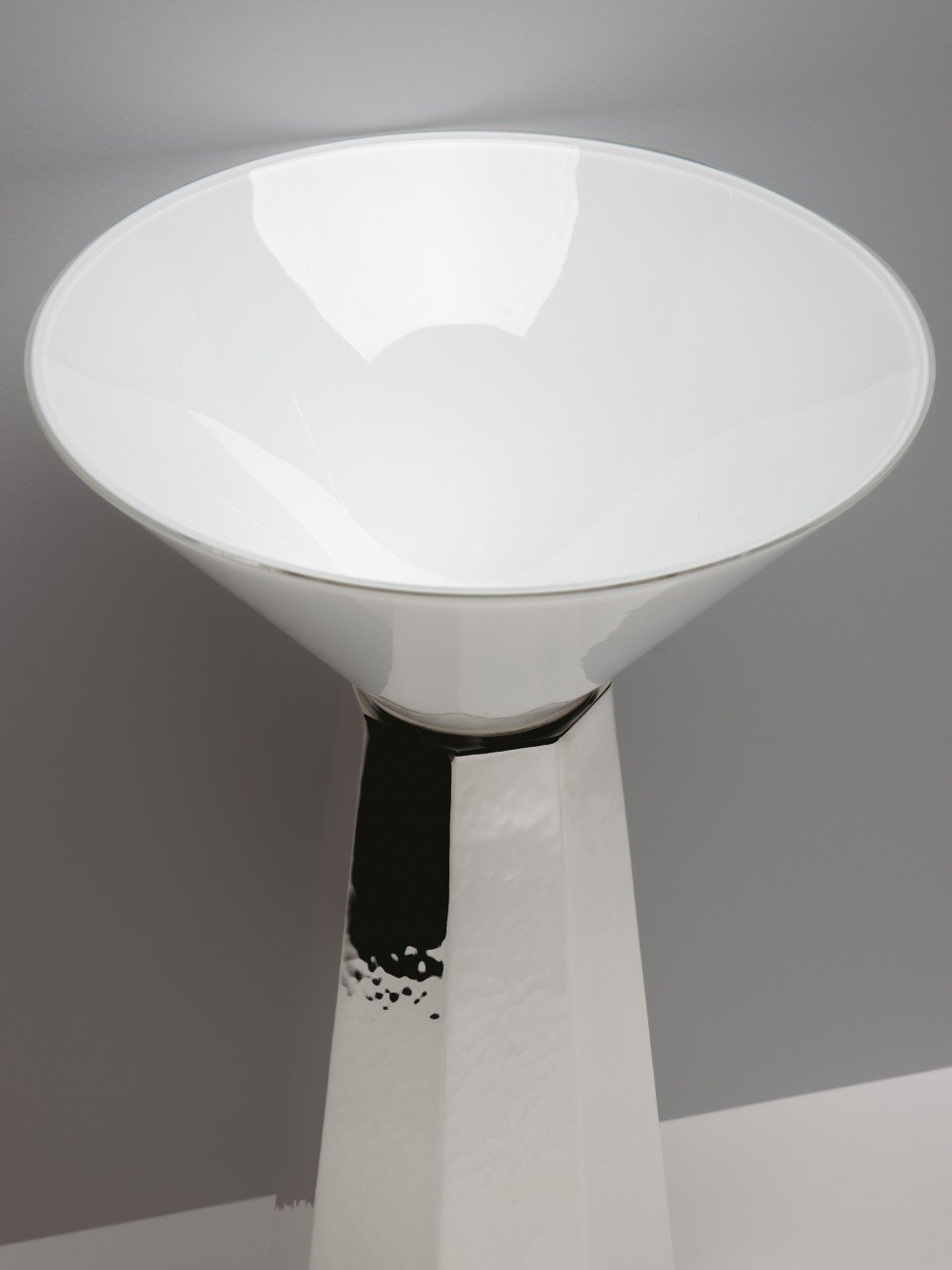Silver Plated Vase with Opaline Glass — top view of glossy white bowl