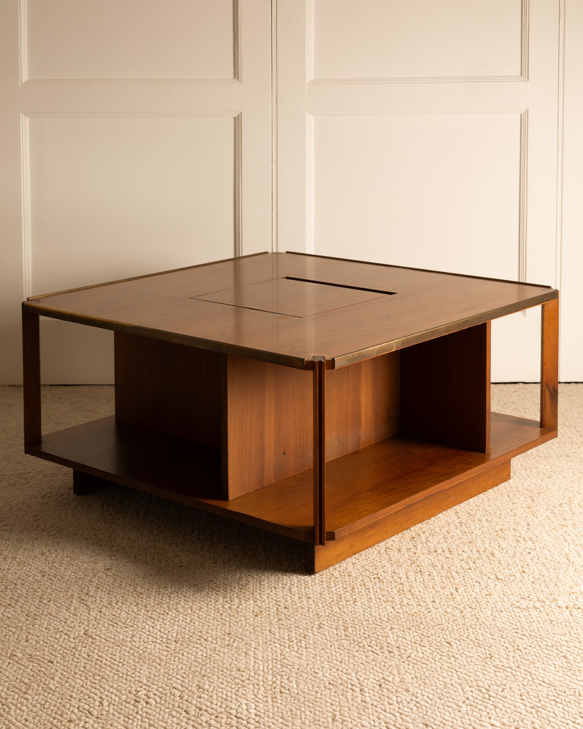 Zanuso mid-century modern coffee table with glass top, corner view