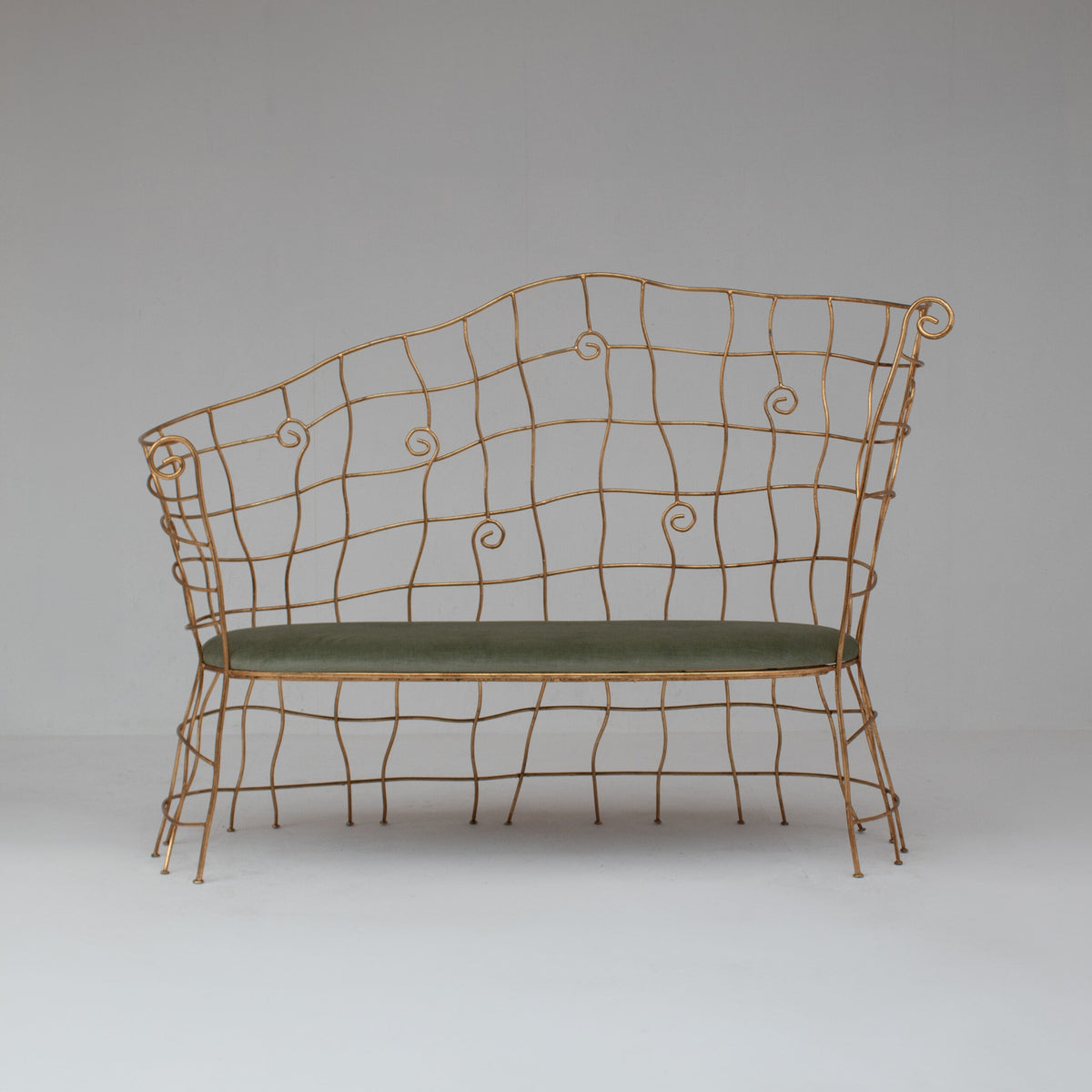 Sculptural Gilt Metal Bench with Green Upholstery by Malata Antwerp | The Oblist