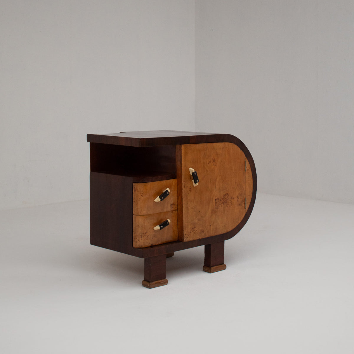 Pair of Art Deco Nightstands with Burl Wood Fronts — alternate view