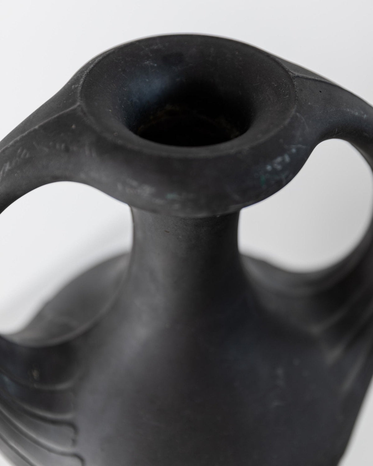 Antique 1920s Lavanite Stone Vase, Sculptural Black Matte Design with Two Handles, Fine Textured Surface, Art Deco Flowervase, Gift Idea — detail view