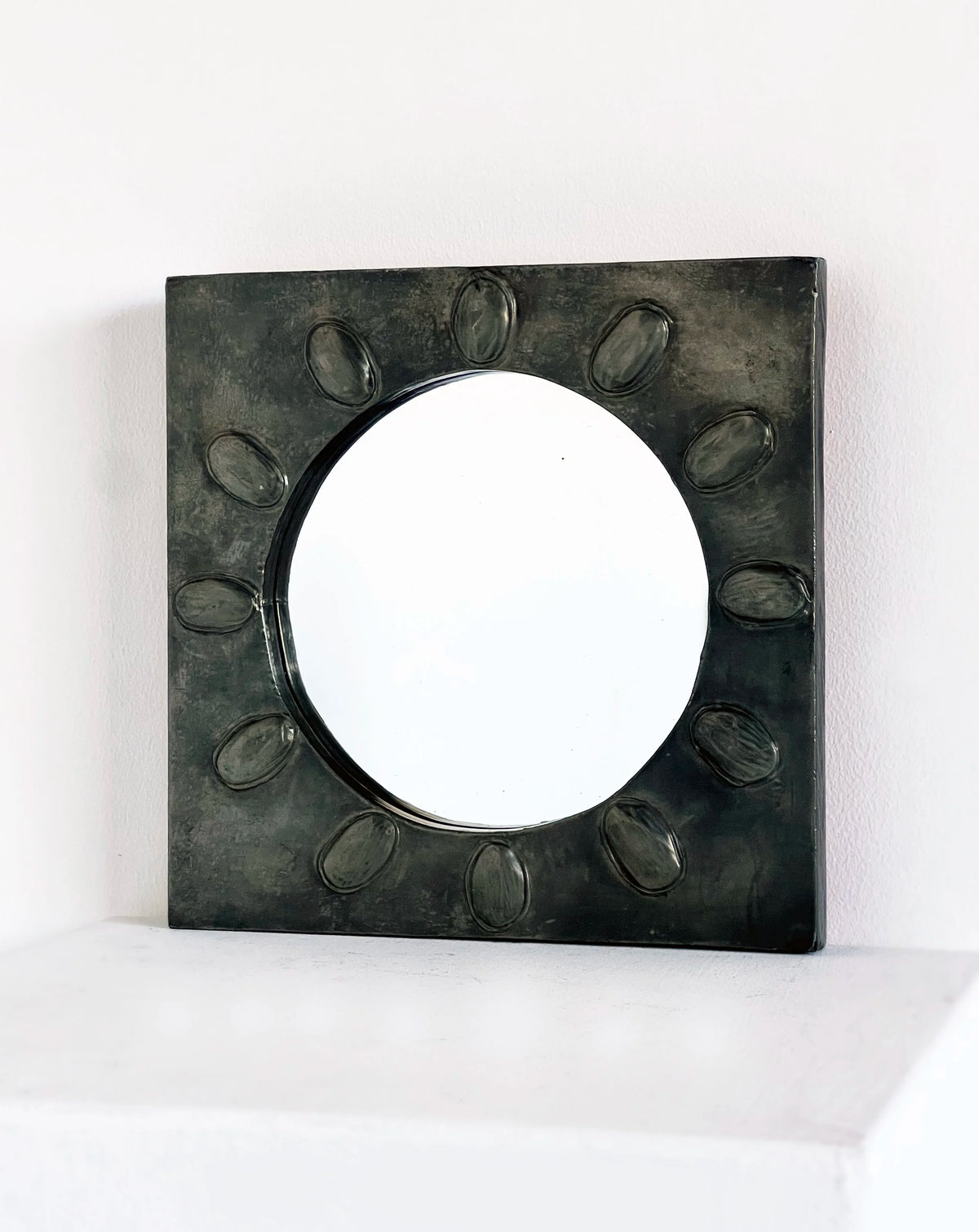 Square Pewter Relief Mirror — side angle