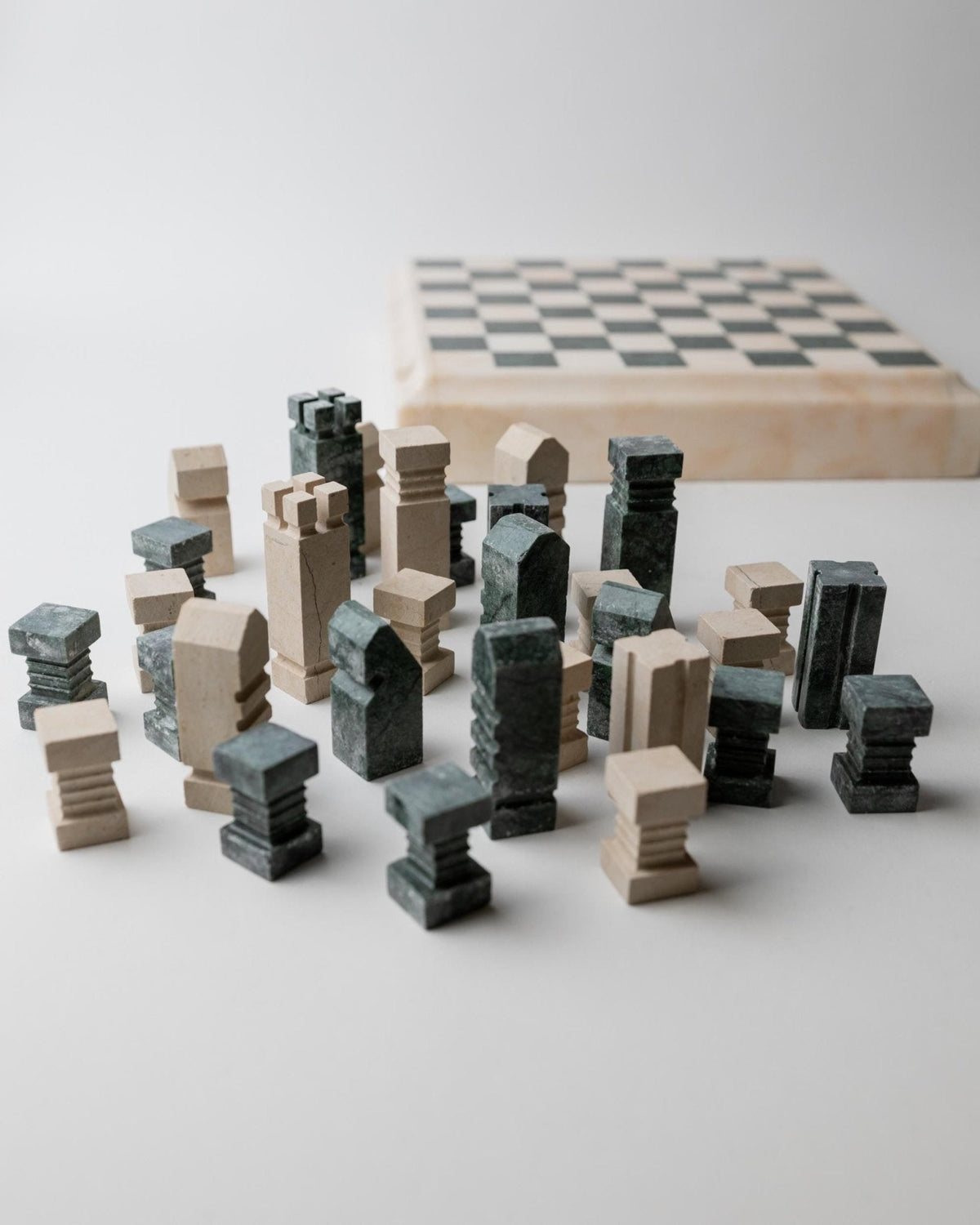 Vintage 1970s Marble Chess Set, Green and Beige Stone Chess Board, Heavy Design, Geometric Chess Pieces, Sculptural Table Game,  Gift Idea — view 13