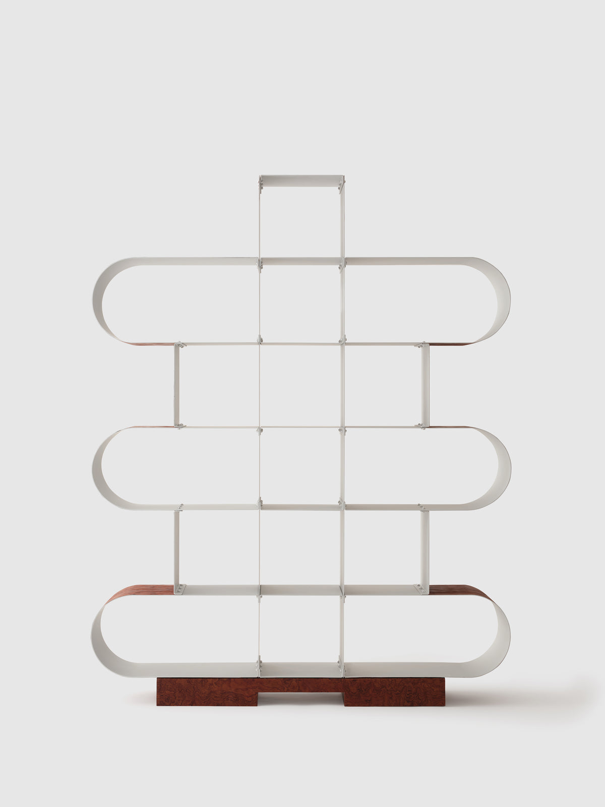 Modern aluminum shelving unit with curved white shelves and wood base