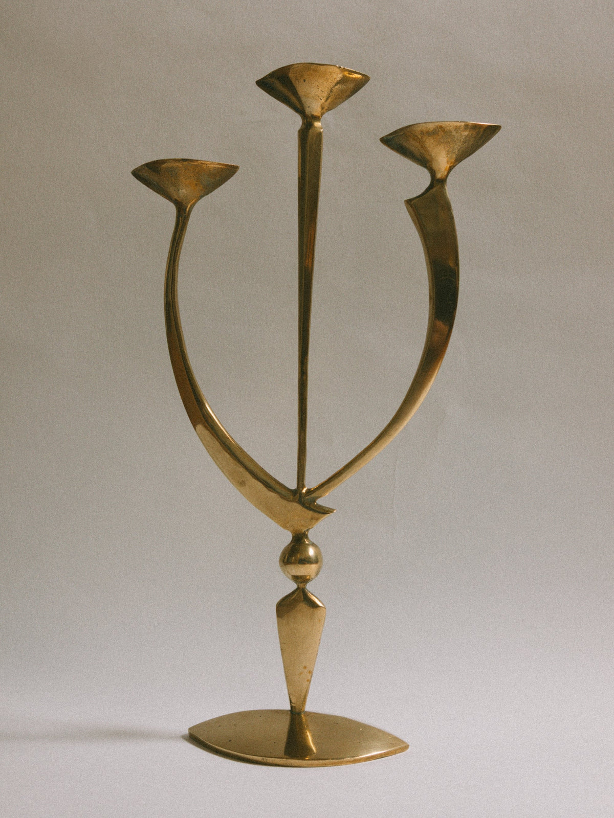 Mid-Century Brass Triple Candleholder, Germany - c. 1950s — detail view