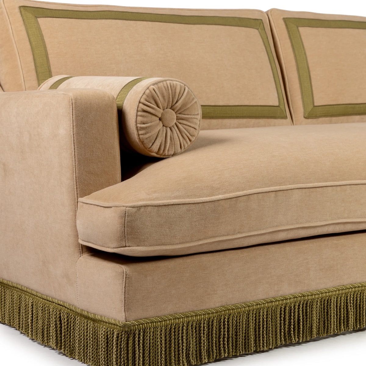 Orlando Sofa 230 cm - Mock Mohair Blush - Green Fringe — close-up