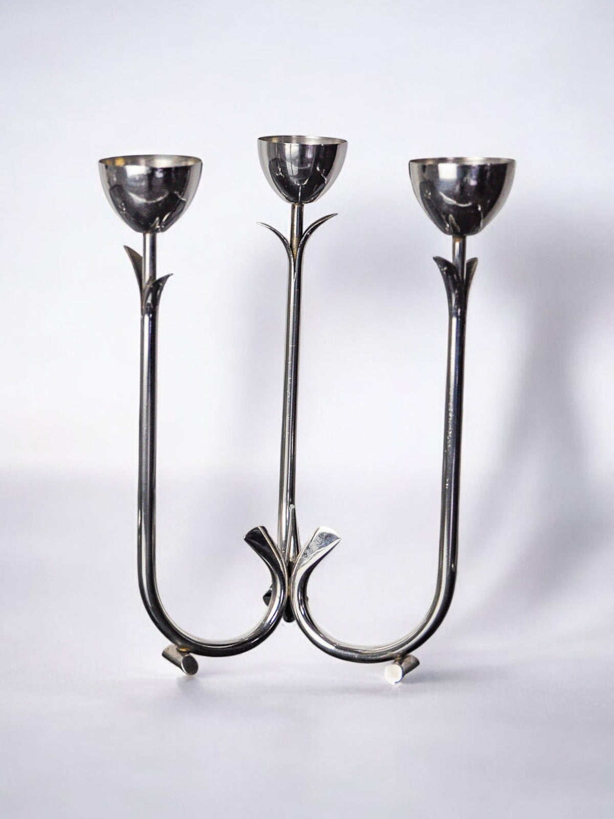 Art deco stainless steel 3-flame candlestick, Spain, 1970 by Malamar Studio | The Oblist