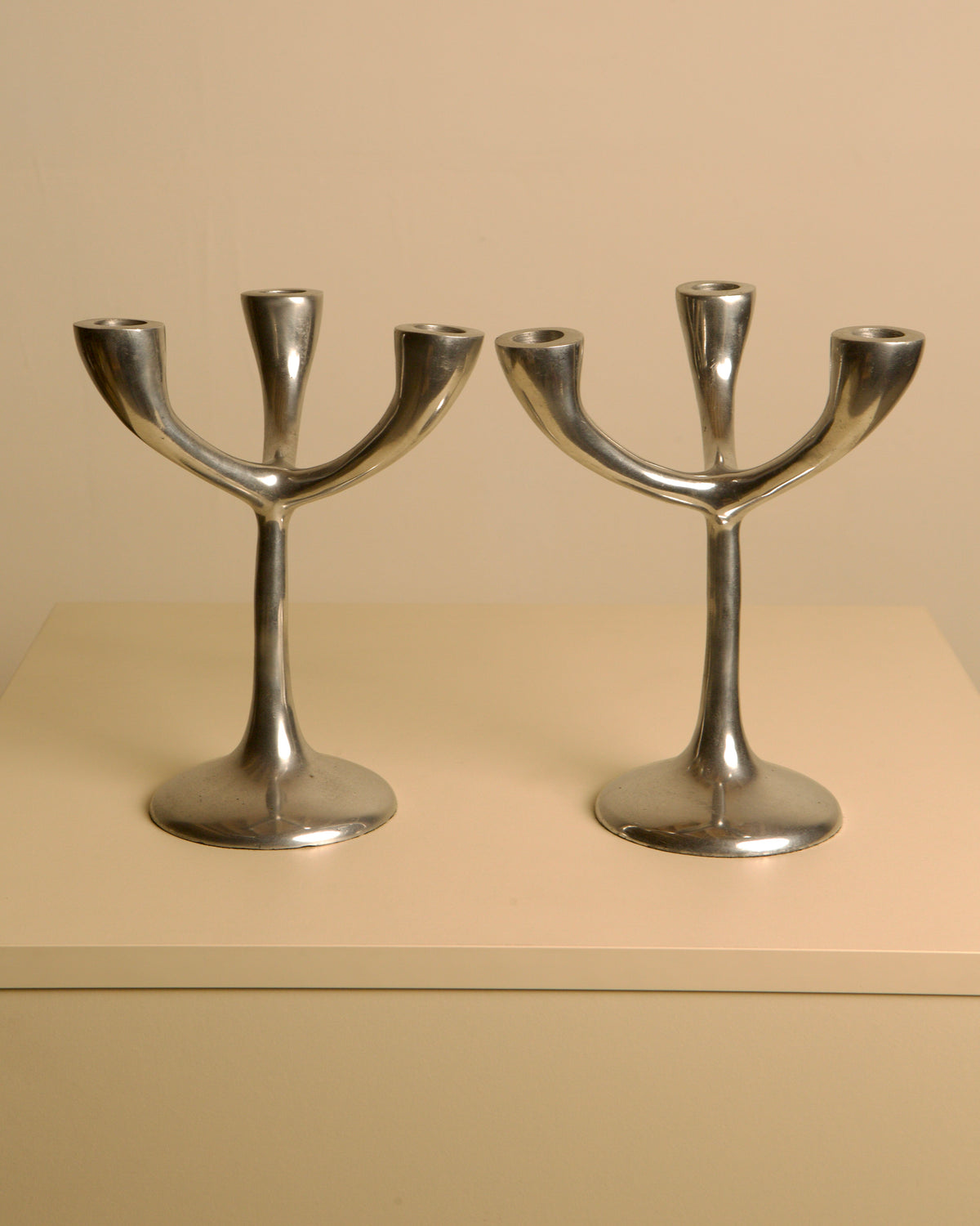 Pair of Italian "Tree" candlesticks from the 70s by Treaptyque | The Oblist — polished metal, vintage design