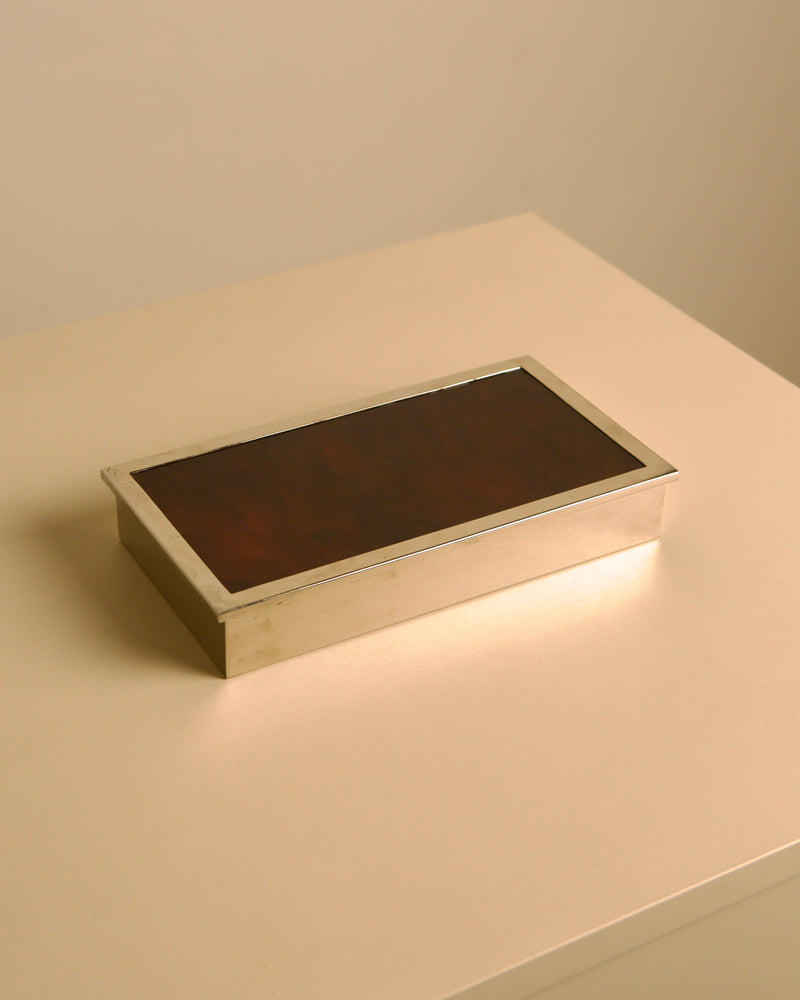 Italian rectangular box in chrome metal and faux tortoiseshell lacquer with light wood int by Treaptyque