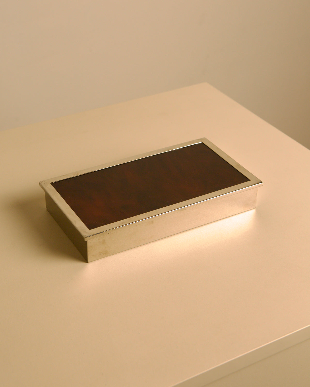 Italian rectangular box in chrome metal and faux tortoiseshell lacquer with light wood int by Treaptyque