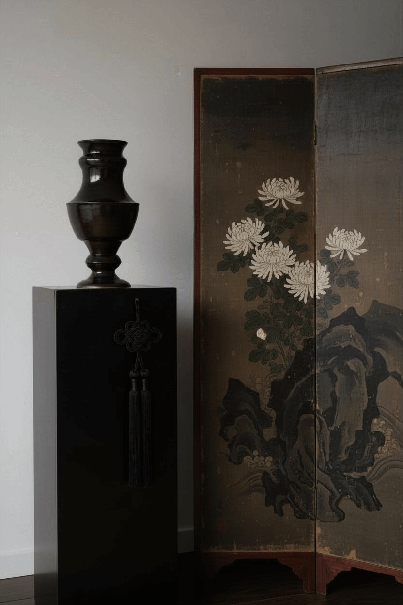 Brun Foncé Vase in Ceramic — side angle on black pedestal with artwork