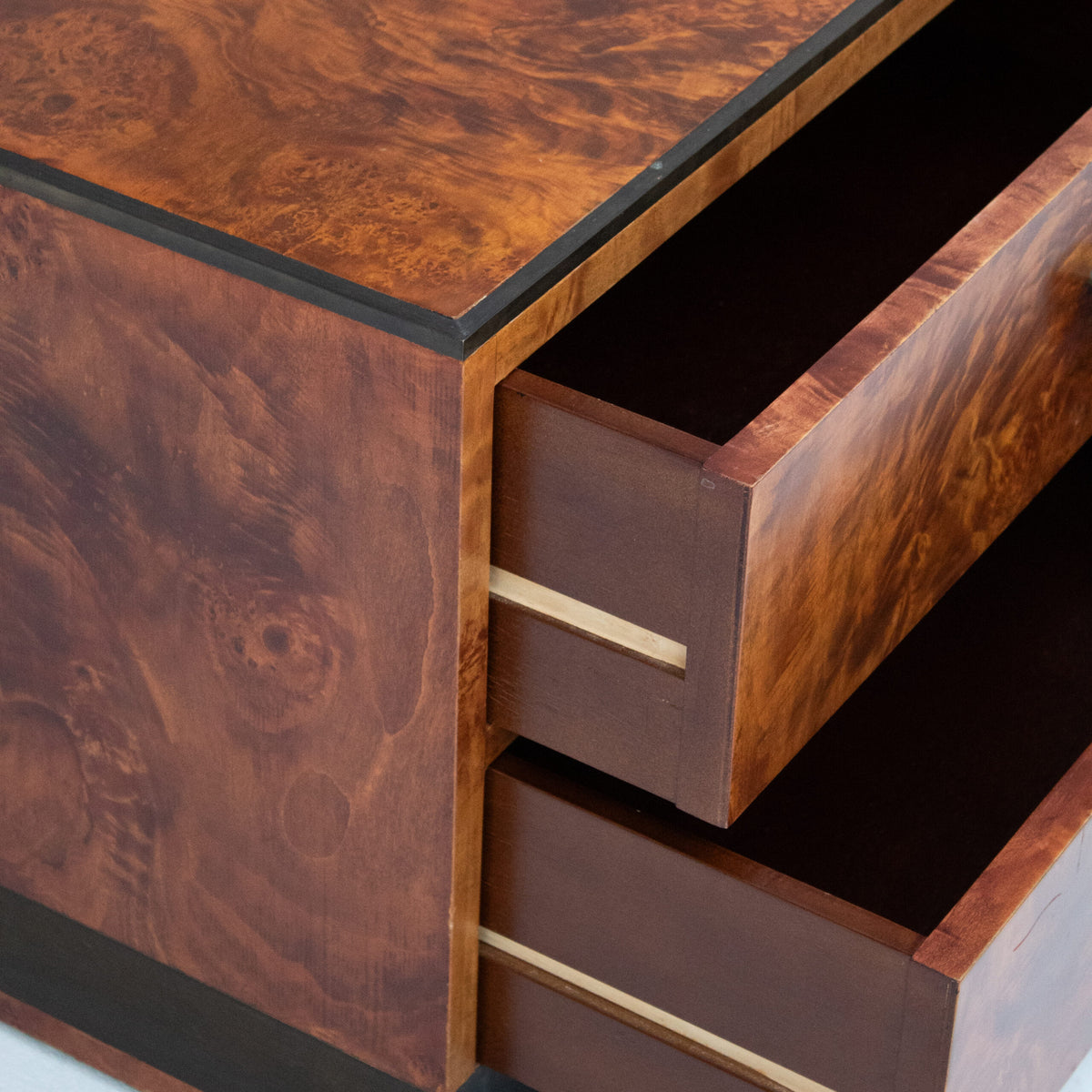 Vintage Burl Wood Cube Cabinet with Two Drawers — alternate view