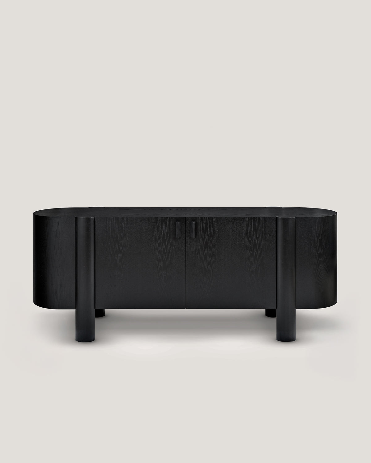 Black wooden oval credenza cabinet with cylindrical legs and natural wood grain finish