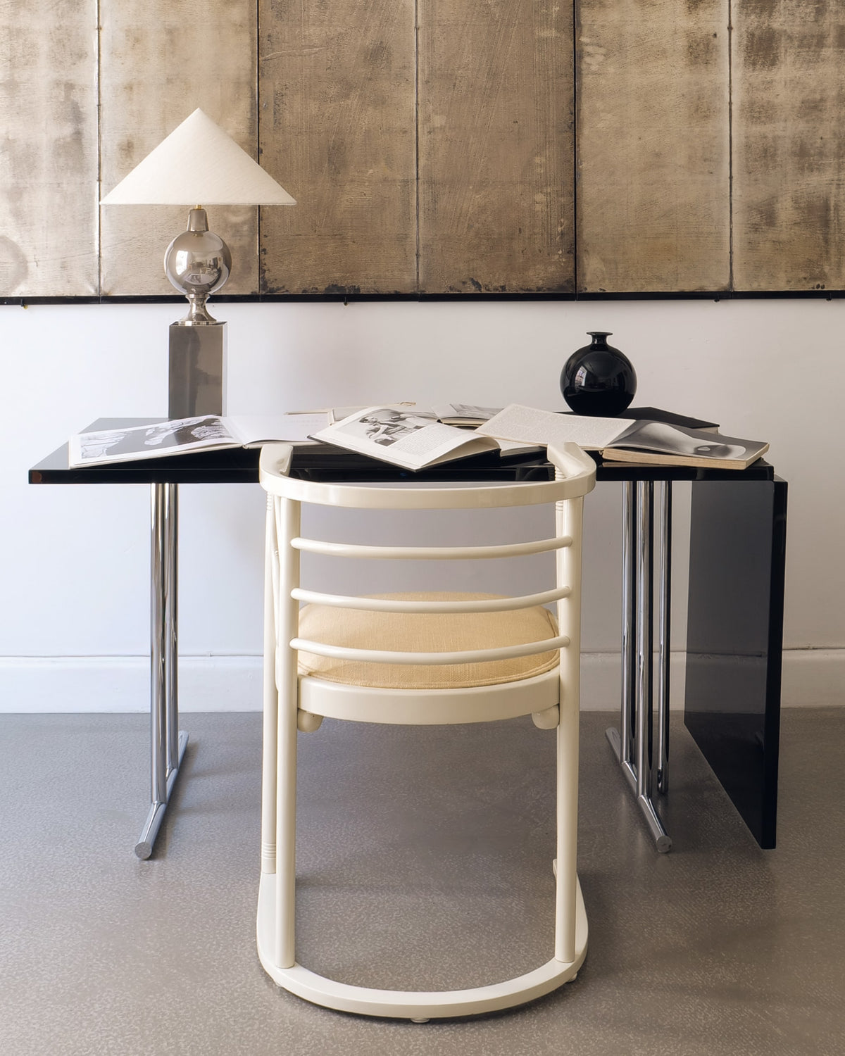Philippe Barbier Chrome Table Lamp 1970 — side angle on modern desk