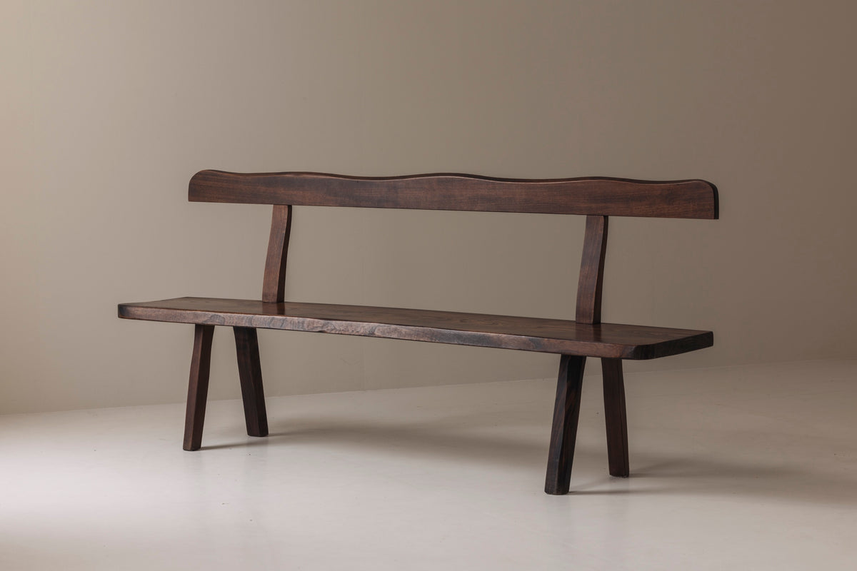 Sculptural Bench by Olavi Hanninen for Aranjou, France 1950s — side angle showing dark wood finish