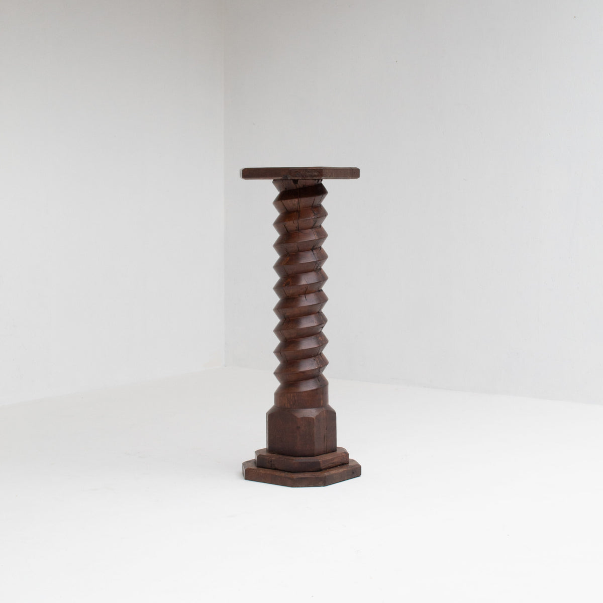 Brutalist Hand-Carved Wooden Pedestal in Solid Oak — side angle