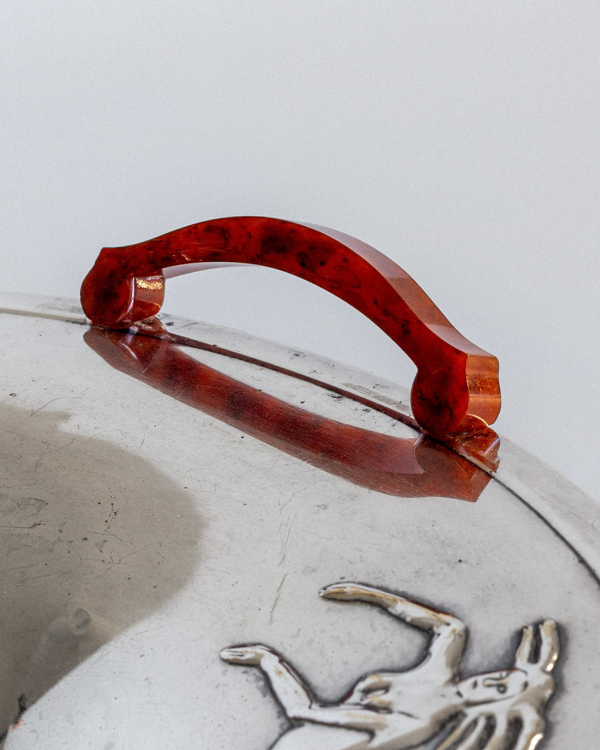 Amber glass Art Deco centerpiece dish curved handle detail 1930s