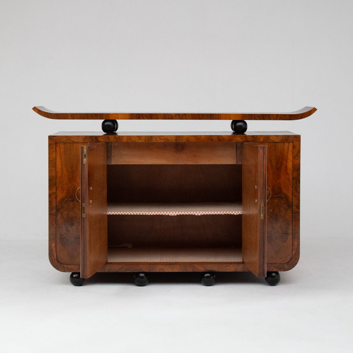 Art Deco Burl Wood Cabinet with Sculptural Top — detail view