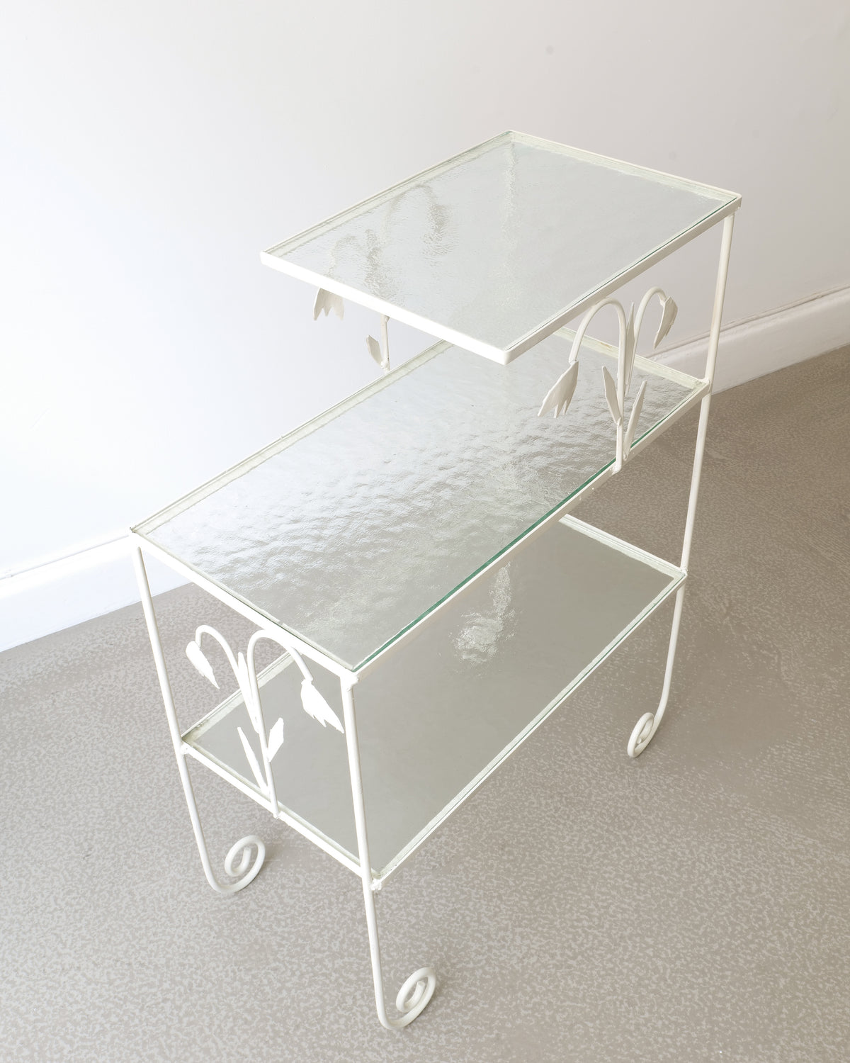 White metal tiered side table with glass shelves, Swedish 1940s