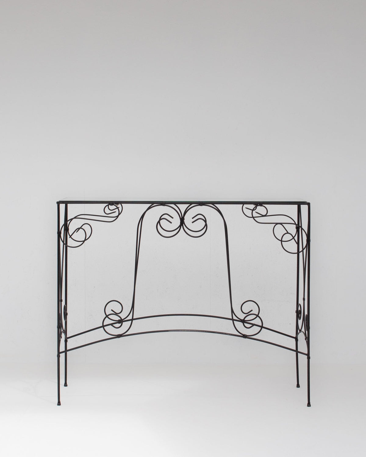 Vintage Wrought Iron Console Table With Glass Top — detail view