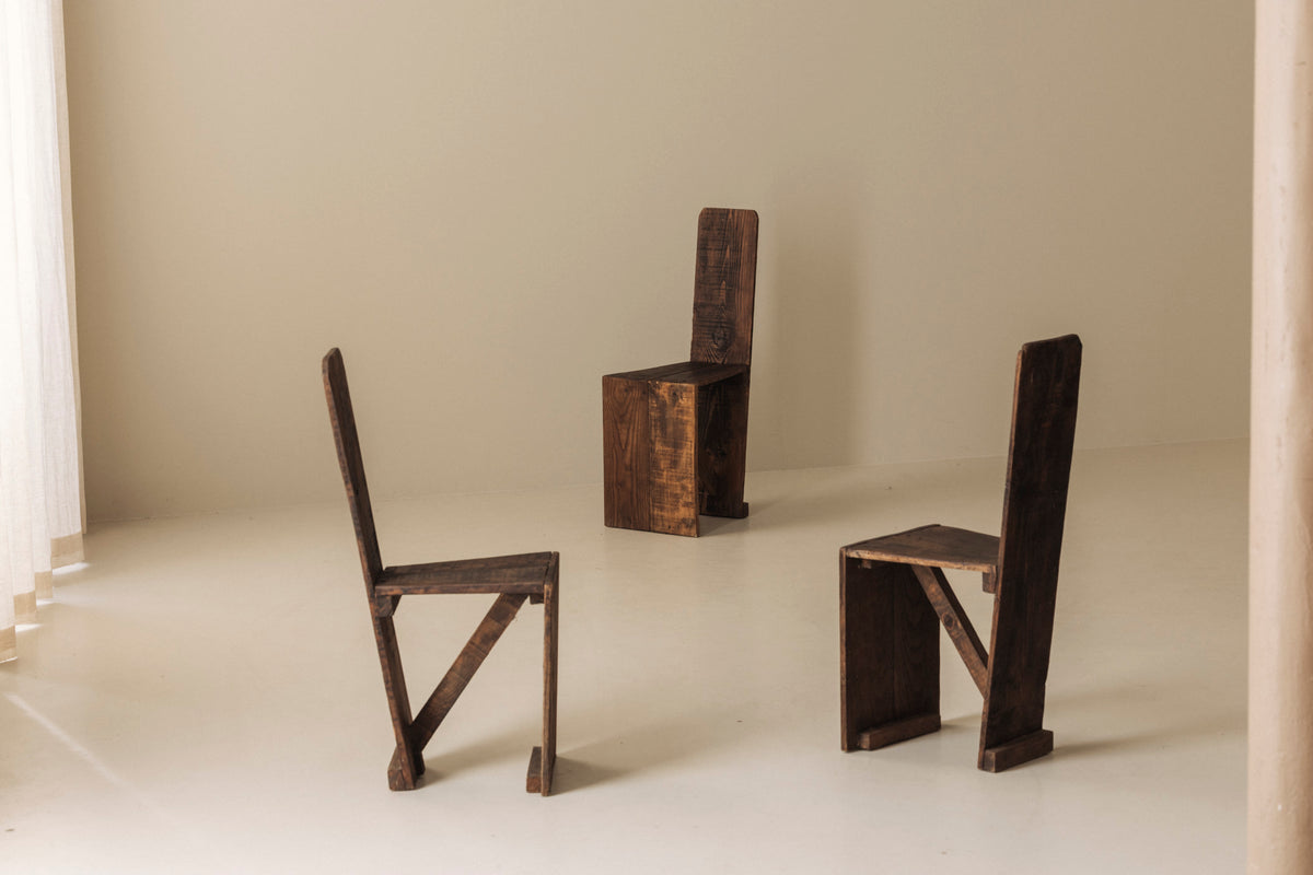 Set of 3 Primitive French Wooden Chairs, 1940s–1950s by Modern Living | The Oblist