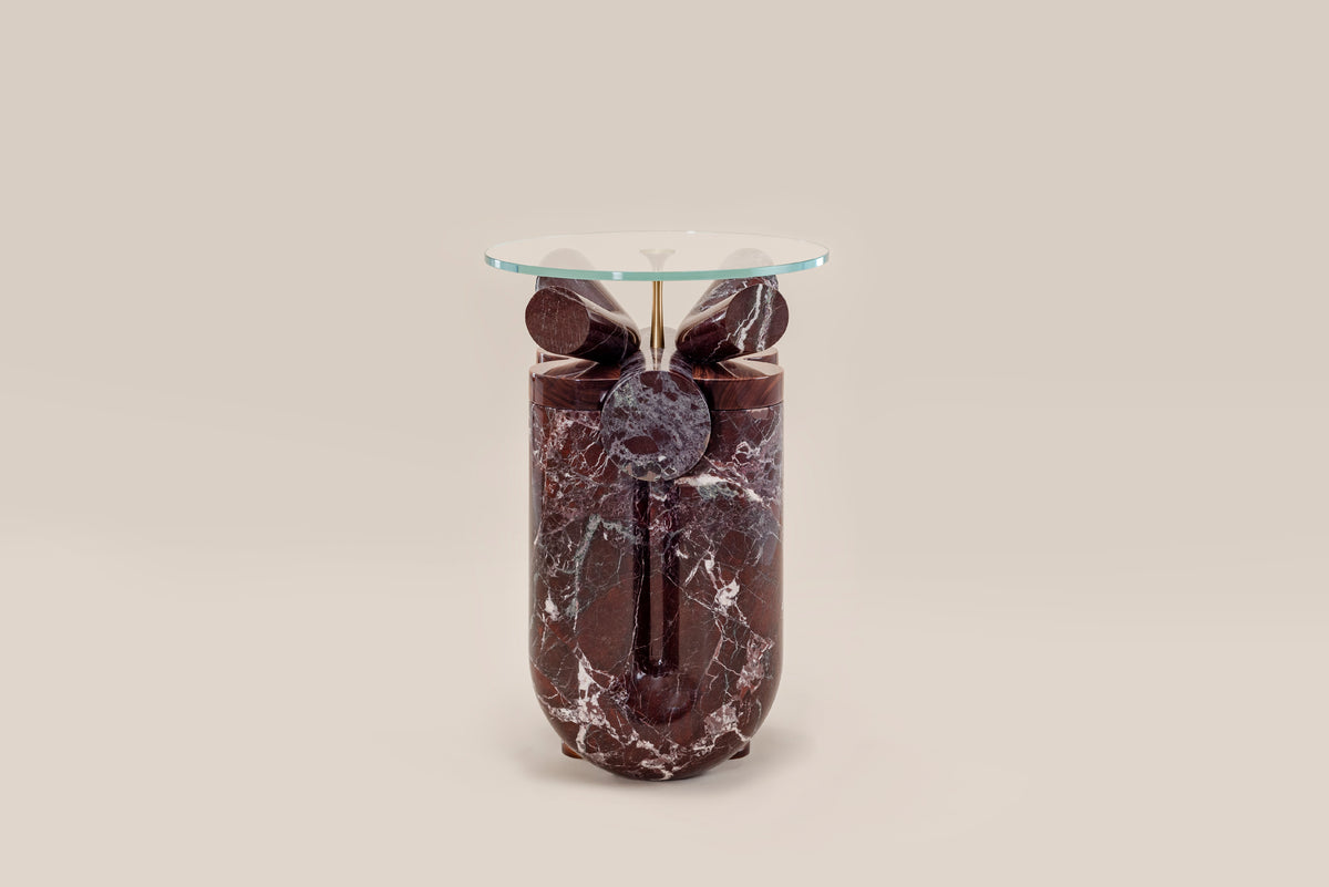 Ceti Side table — back view highlighting rich maroon marble base