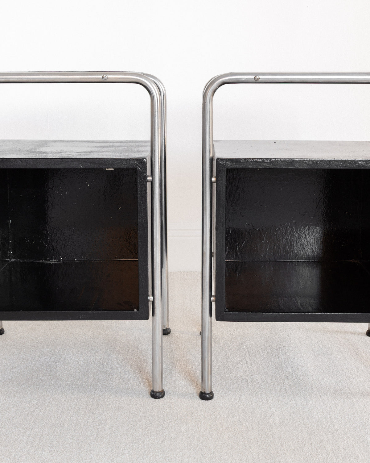 Pair of Functionalist Nightstands, Sweden 1930s — back view showing black surfaces and chrome legs
