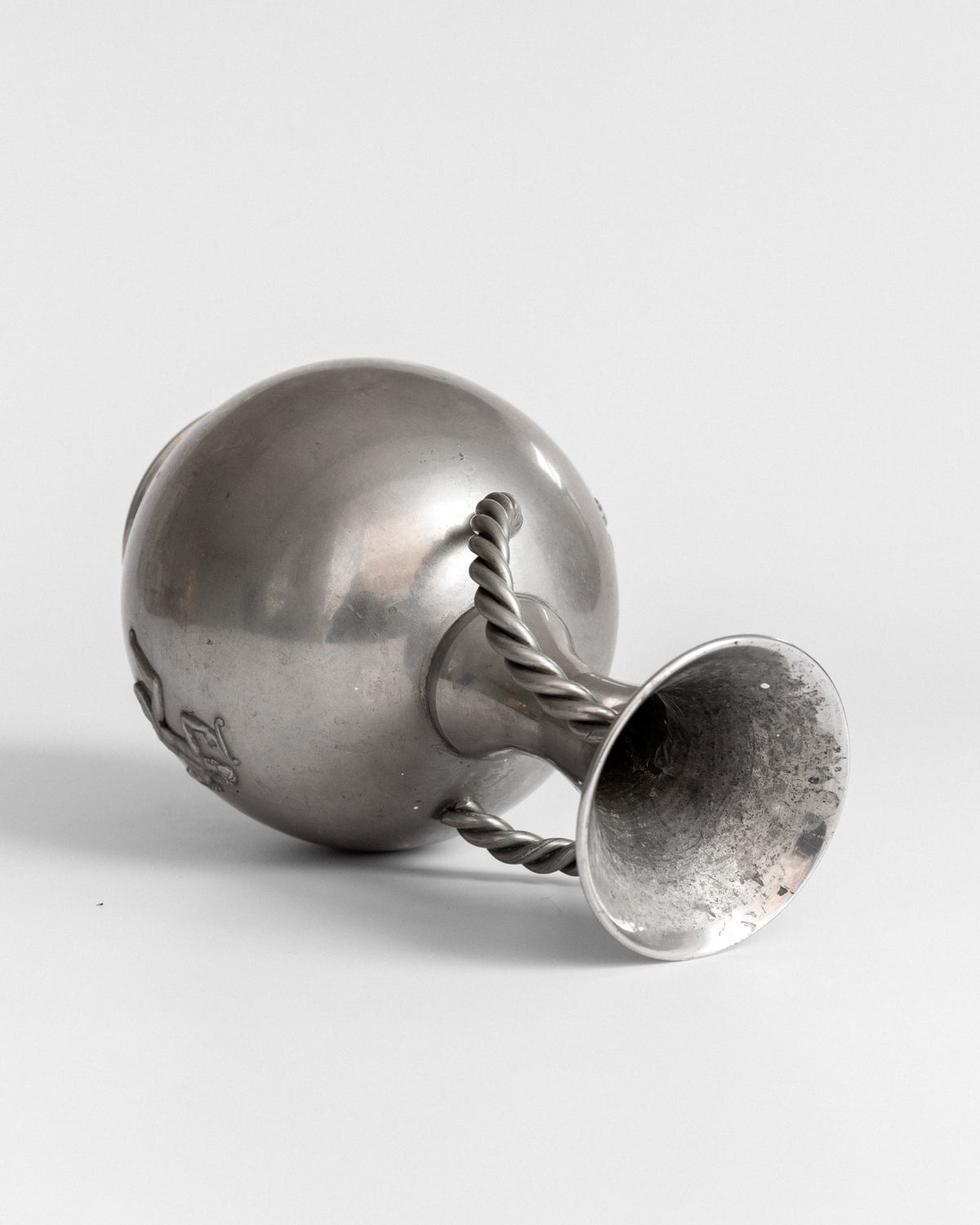 Art Deco Pewter Vase with Rope Handles, 1936 — angled view on white background