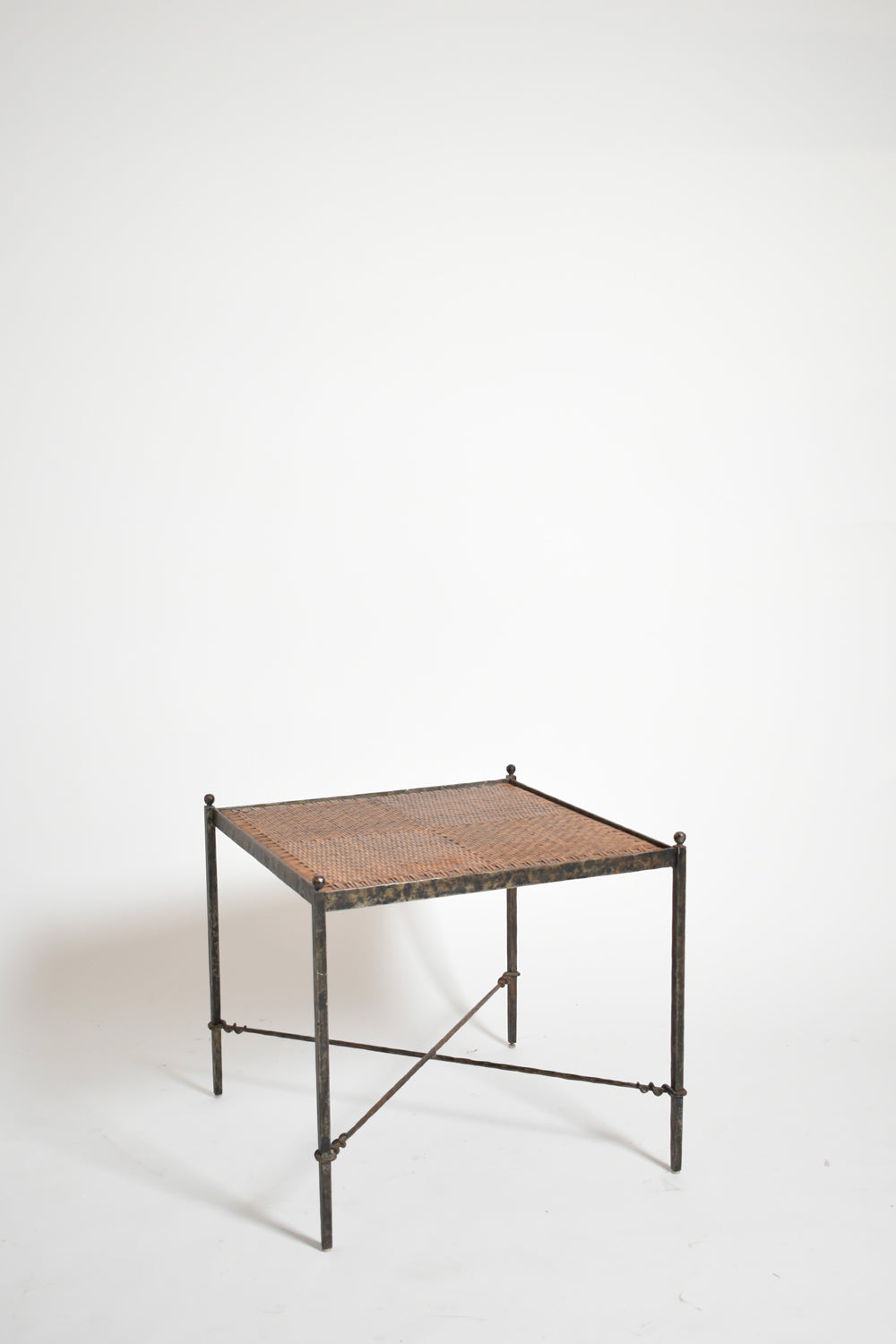 Pair of Wrought Iron and Wicker Side Tables, 1970s — detail view