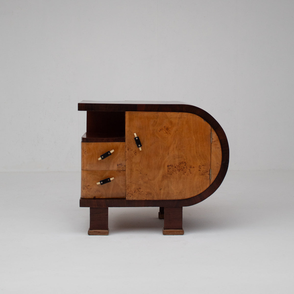 Pair of Art Deco Nightstands with Burl Wood Fronts — close-up