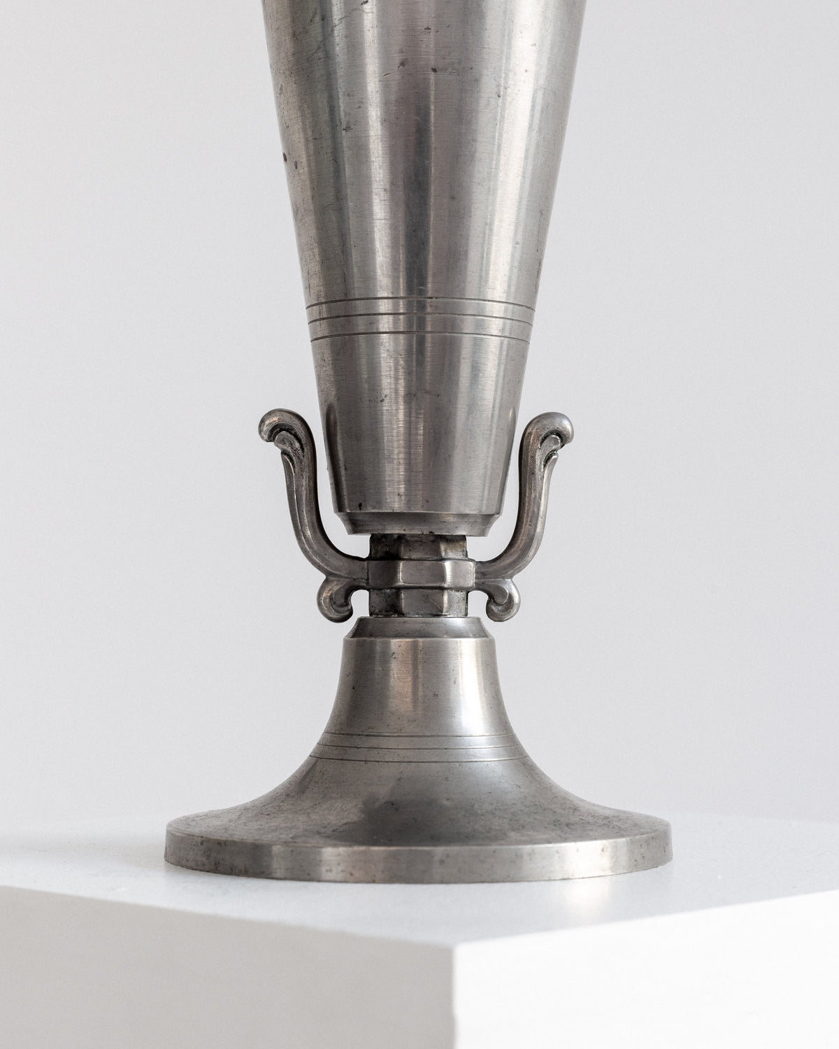 Art Deco Pewter Vase by C.G. Hallberg, Sweden, 1935 — close-up of base detail with decorative handles
