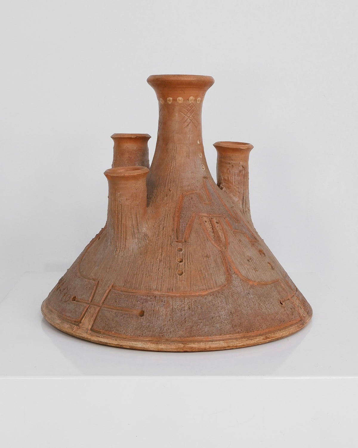 Vintage ceramic candelabra with five spouts and geometric patterns