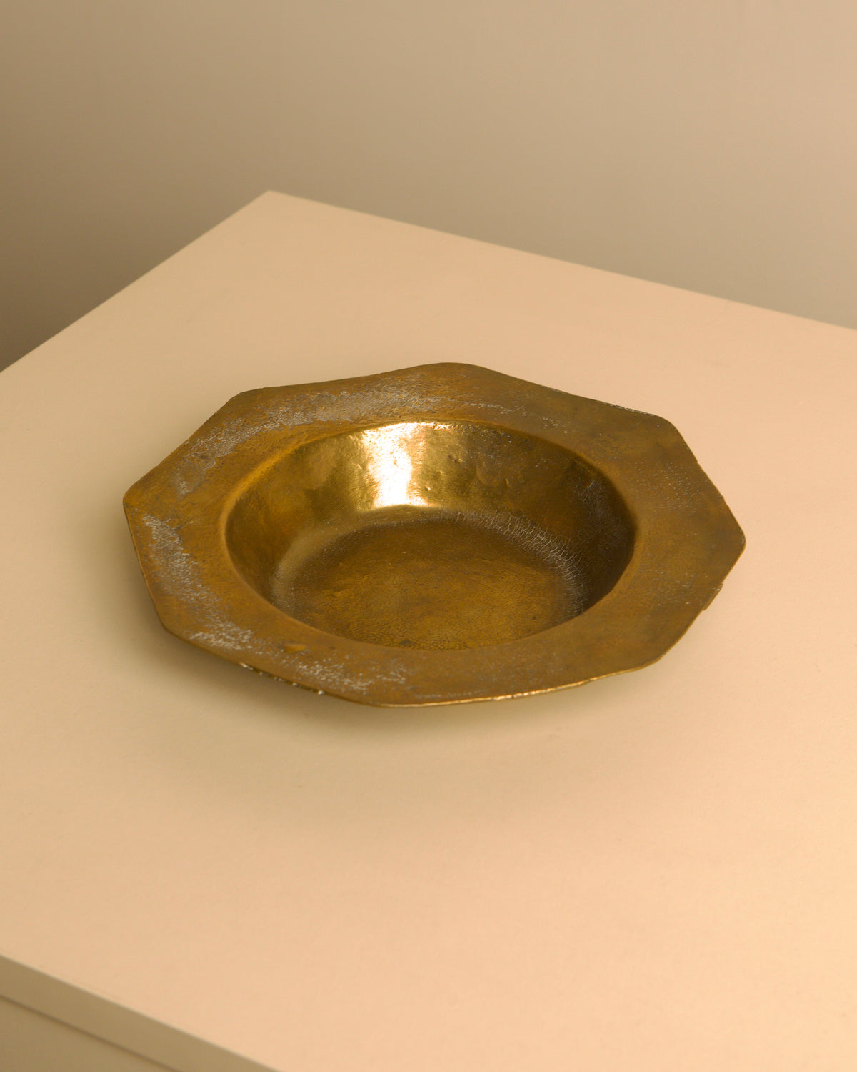 Italian patinated solid brass catchall tray, 1960s — side angle