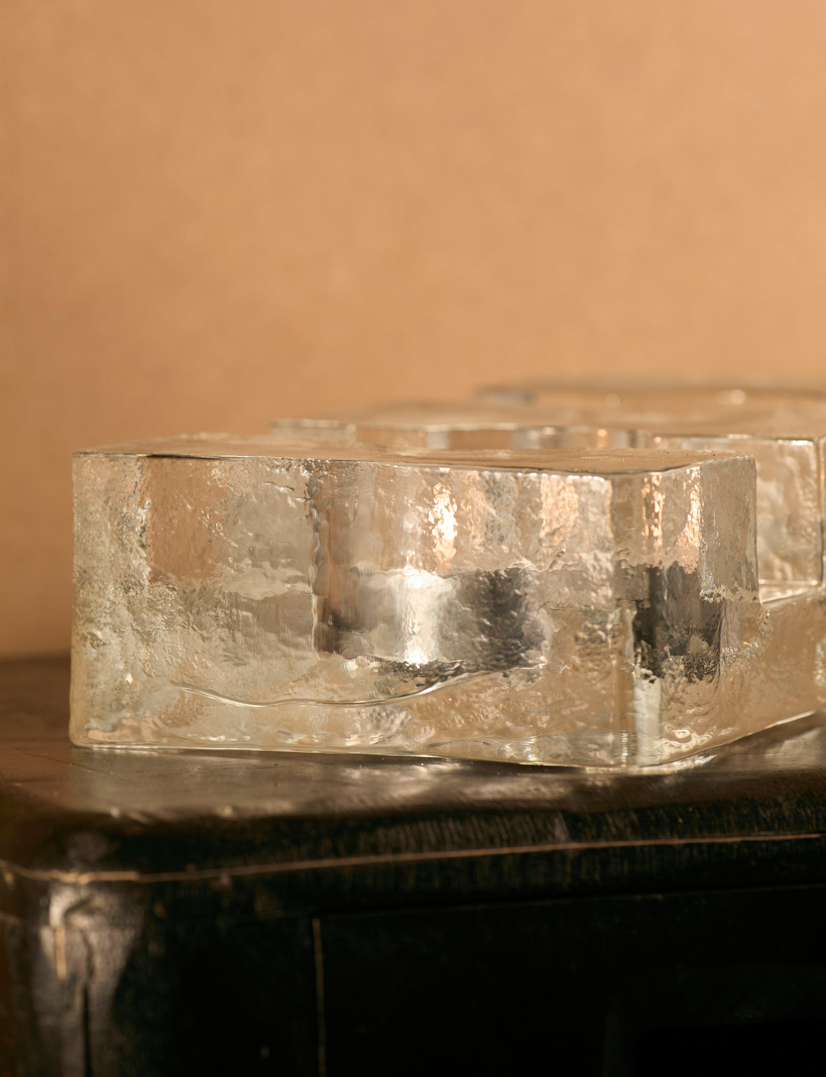Important Scandinavian Clear Glass Candle Holder c. 1960 — close-up of textured glass surface